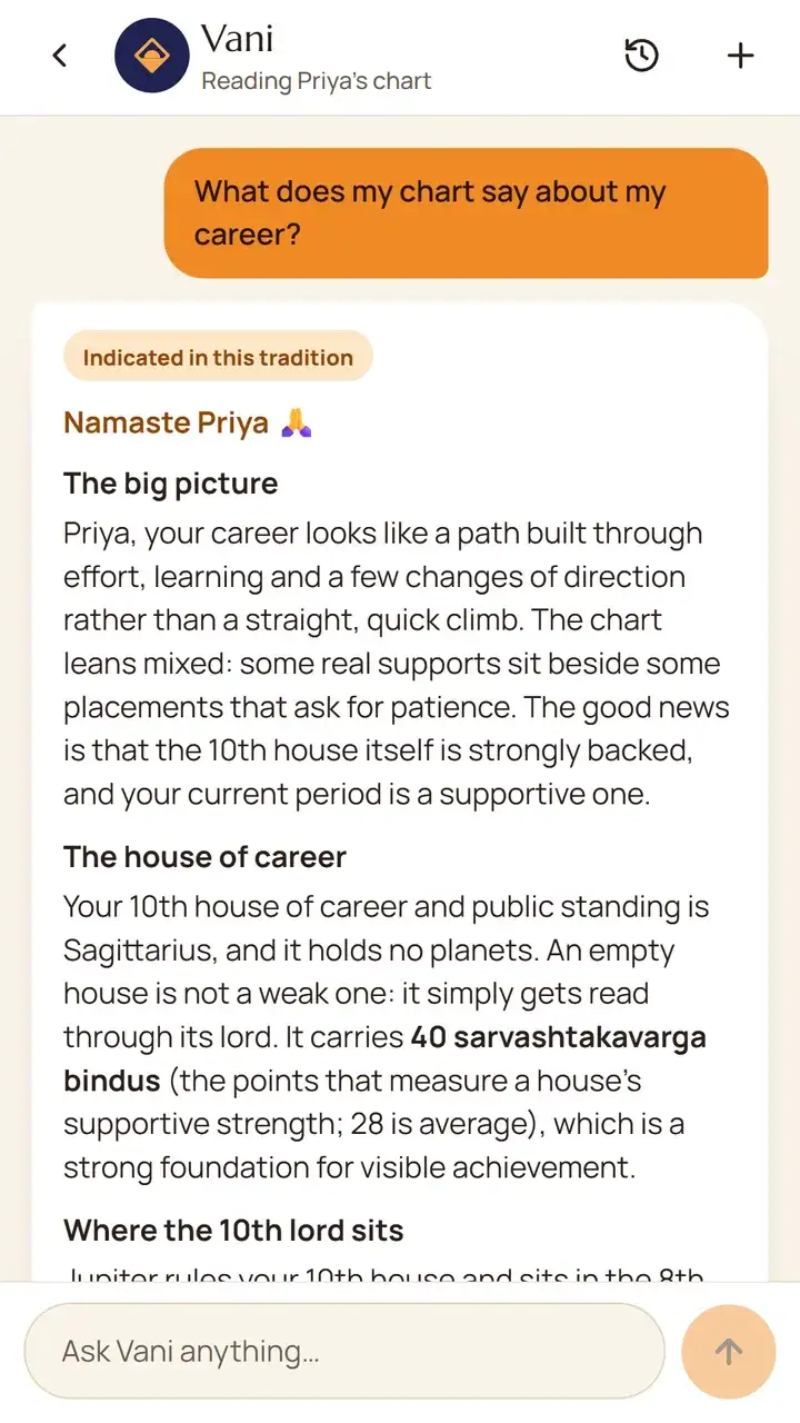 A Vani answer about career, in sections, quoting the chart’s 10th house and its strength.