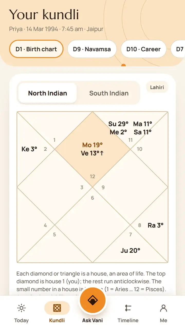 The Kundli screen: a North Indian birth chart with the planets in their houses.