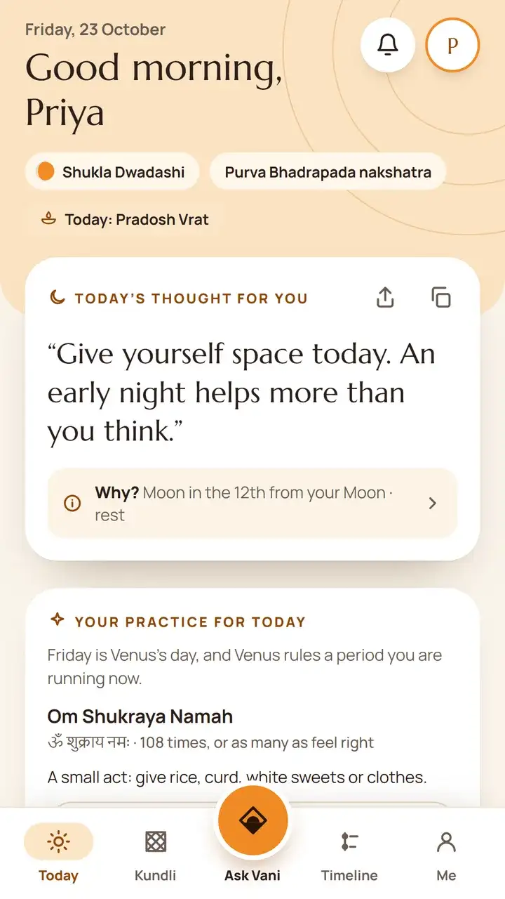 The Today screen: a greeting, today’s tithi and nakshatra, and today’s thought with the reason for it.