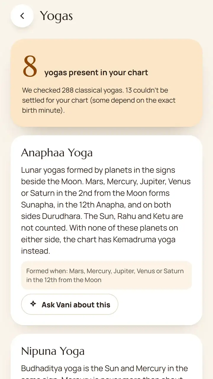 The yogas screen: the yogas found in the chart, each with what it means.